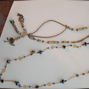 Elegant Gold and Blue Beaded Necklace Sold As Set Of 2